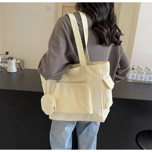 Japanese minimalist Canvas Tote Bag – Large Capacity Solid Color Travel Shoulder Bag