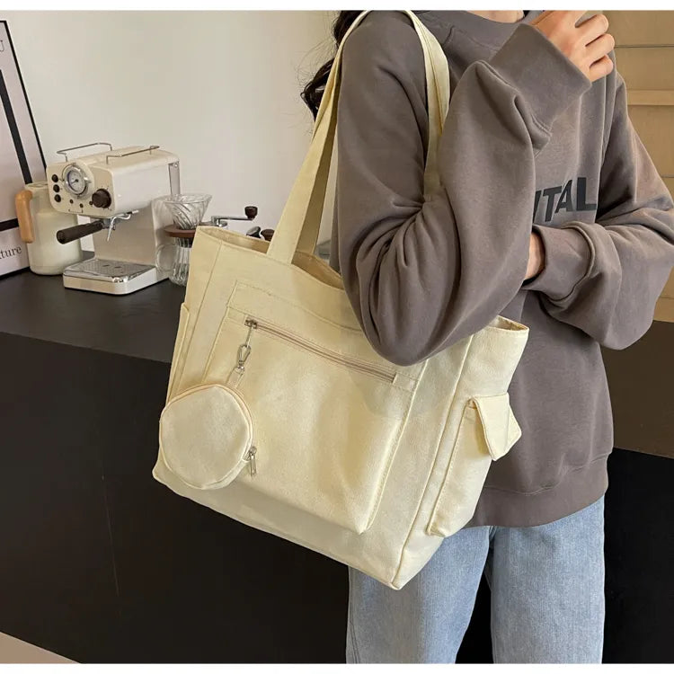 Japanese minimalist Canvas Tote Bag – Large Capacity Solid Color Travel Shoulder Bag