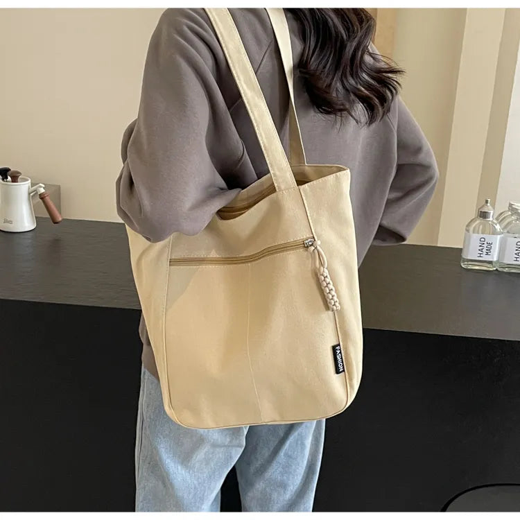 Large Capacity Canvas Tote Bag – Zipper Closure Shoulder Handbag, Soft Unisex Travel & Daily Carry Bag