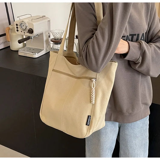 Large Capacity Canvas Tote Bag – Zipper Closure Shoulder Handbag, Soft Unisex Travel & Daily Carry Bag