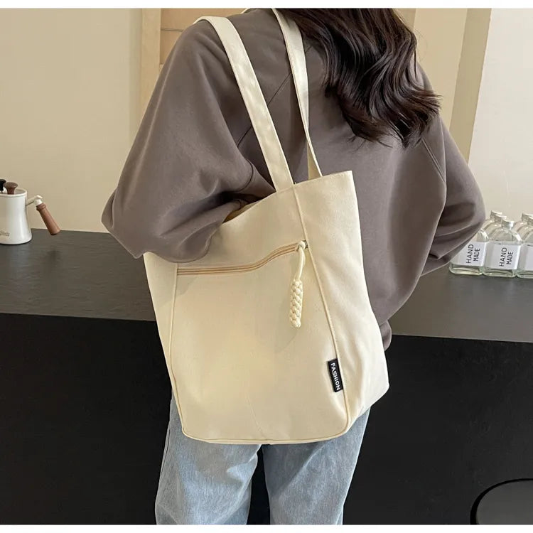 Large Capacity Canvas Tote Bag – Zipper Closure Shoulder Handbag, Soft Unisex Travel & Daily Carry Bag