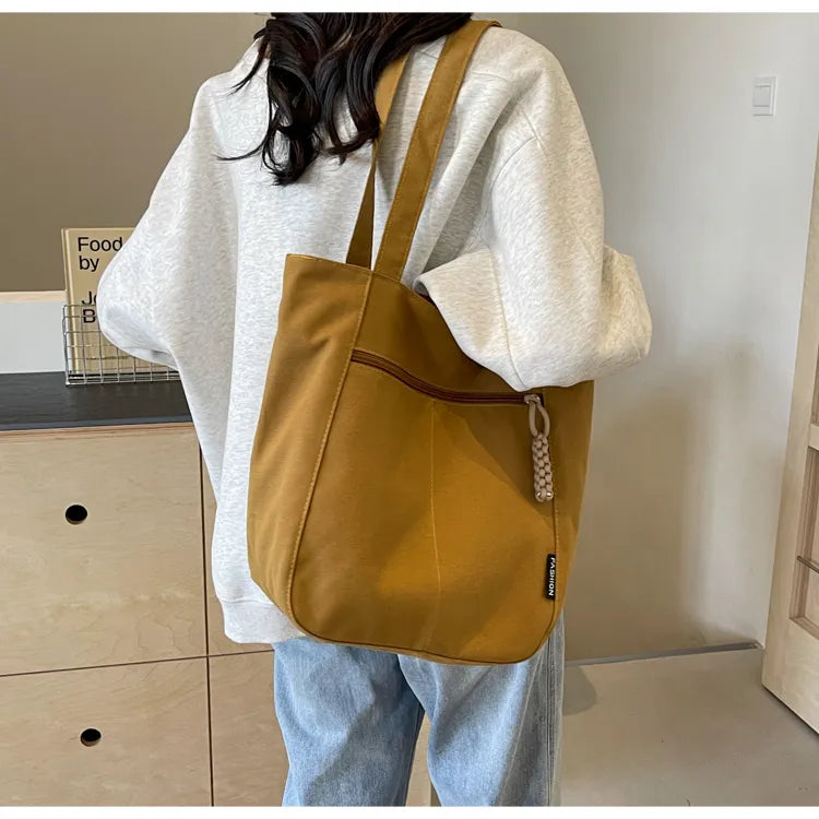 Large Capacity Canvas Tote Bag – Zipper Closure Shoulder Handbag, Soft Unisex Travel & Daily Carry Bag