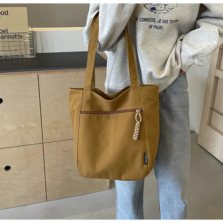 Large Capacity Canvas Tote Bag – Zipper Closure Shoulder Handbag, Soft Unisex Travel & Daily Carry Bag