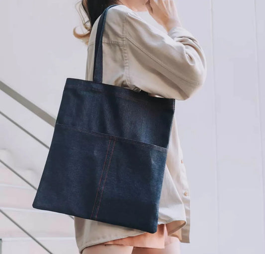 Reversible Denim Shoulder Tote Bag – Large Capacity Fashionable Two-Way Jeans Bag with Pocket