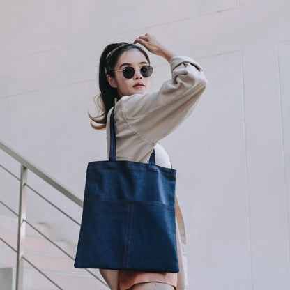 Reversible Denim Shoulder Tote Bag – Large Capacity Fashionable Two-Way Jeans Bag with Pocket