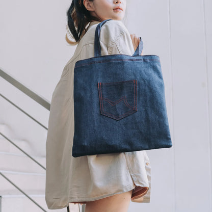 Reversible Denim Shoulder Tote Bag – Large Capacity Fashionable Two-Way Jeans Bag with Pocket