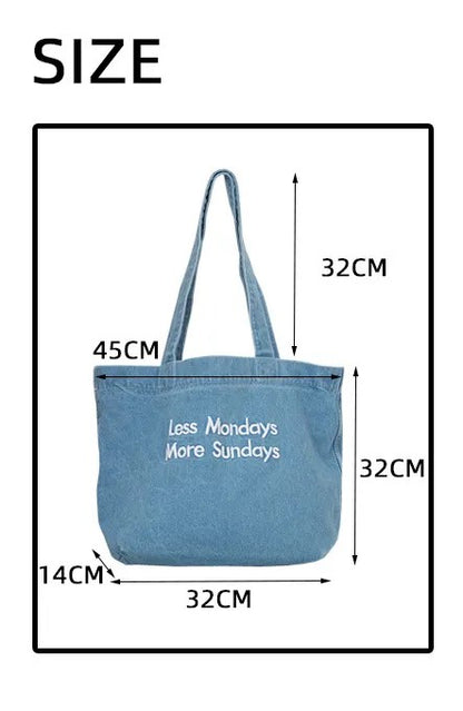 Denim Shoulder Tote Bag – Large Capacity Canvas Jeans Bag with Embroidered Quote