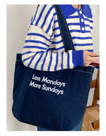Denim Shoulder Tote Bag – Large Capacity Canvas Jeans Bag with Embroidered Quote