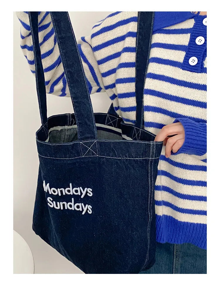 Denim Shoulder Tote Bag – Large Capacity Canvas Jeans Bag with Embroidered Quote