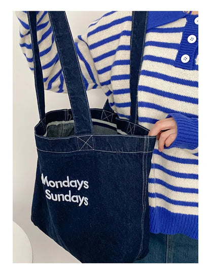 Denim Shoulder Tote Bag – Large Capacity Canvas Jeans Bag with Embroidered Quote