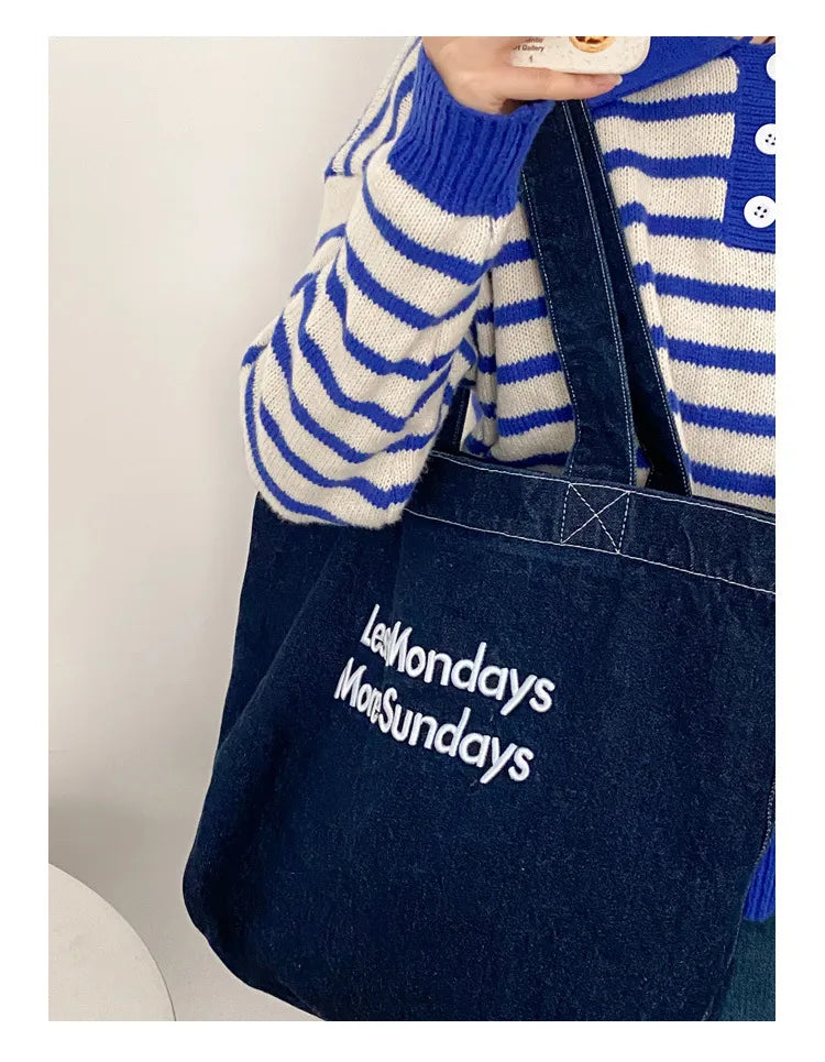 Denim Shoulder Tote Bag – Large Capacity Canvas Jeans Bag with Embroidered Quote