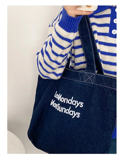 Denim Shoulder Tote Bag – Large Capacity Canvas Jeans Bag with Embroidered Quote