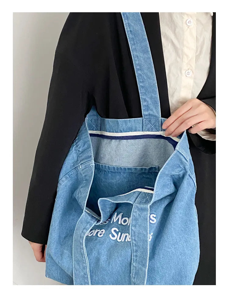 Denim Shoulder Tote Bag – Large Capacity Canvas Jeans Bag with Embroidered Quote
