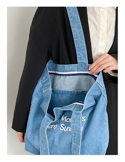 Denim Shoulder Tote Bag – Large Capacity Canvas Jeans Bag with Embroidered Quote
