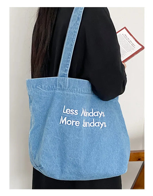 Denim Shoulder Tote Bag – Large Capacity Canvas Jeans Bag with Embroidered Quote