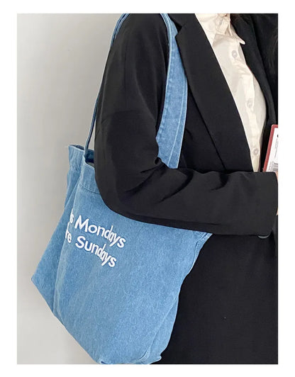 Denim Shoulder Tote Bag – Large Capacity Canvas Jeans Bag with Embroidered Quote