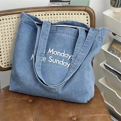 Denim Shoulder Tote Bag – Large Capacity Canvas Jeans Bag with Embroidered Quote