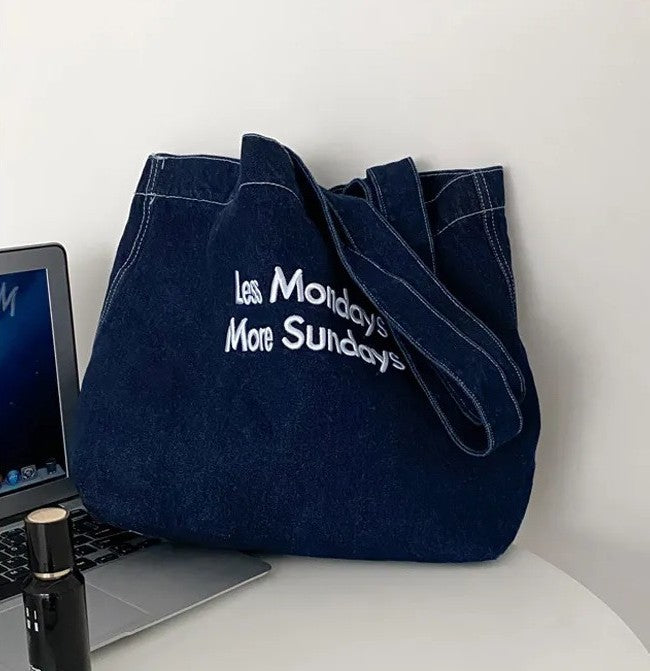 Denim Shoulder Tote Bag – Large Capacity Canvas Jeans Bag with Embroidered Quote