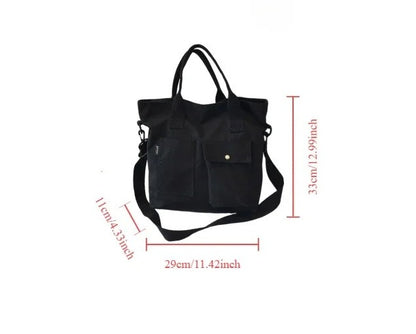 Black tote bag with measurements on a white background