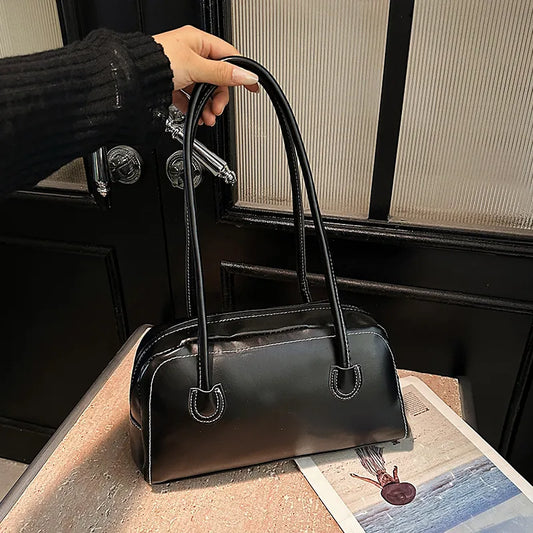 Vintage Shoulder Bag – Retro Half-Moon Tote with Long Handle & Zipper Closure