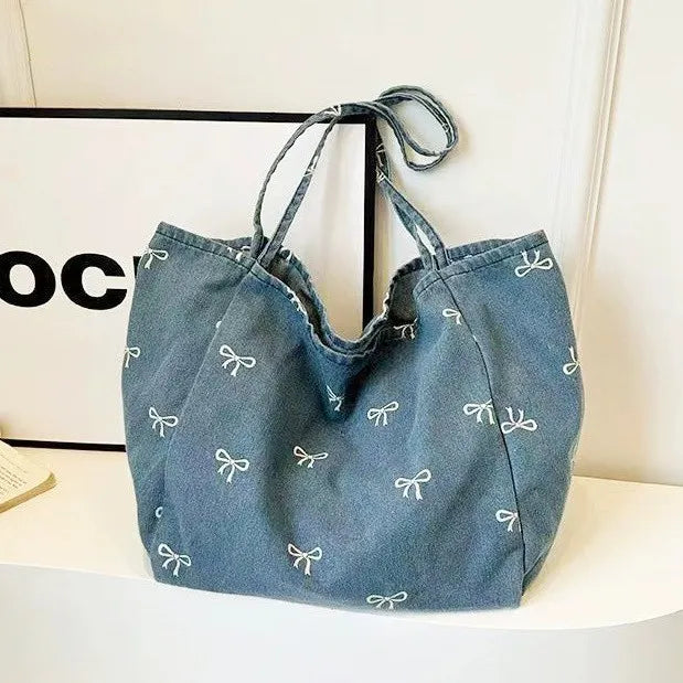 Denim Shoulder Tote Bag – Large Bow Print Jeans Bag