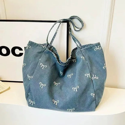 Denim Shoulder Tote Bag – Large Bow Print Jeans Bag