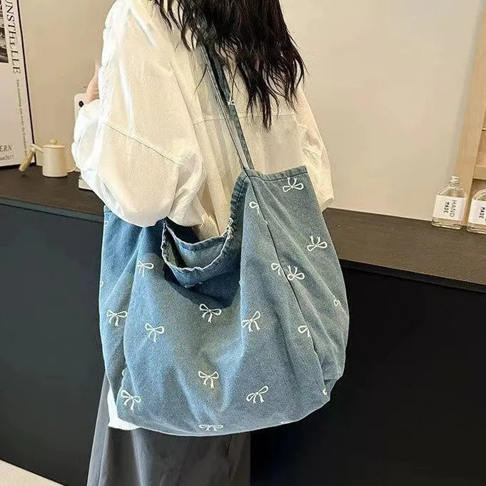 Denim Shoulder Tote Bag – Large Bow Print Jeans Bag