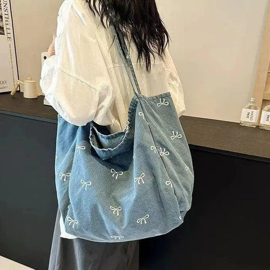 Denim Shoulder Tote Bag – Large Bow Print Jeans Bag