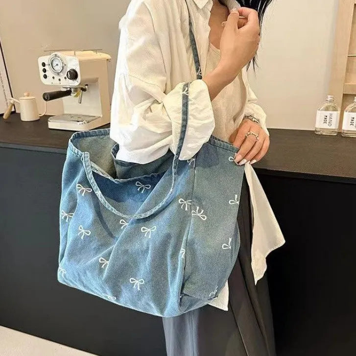 Denim Shoulder Tote Bag – Large Bow Print Jeans Bag