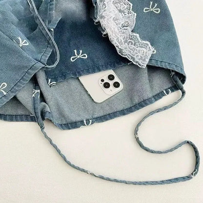 Denim Shoulder Tote Bag – Large Bow Print Jeans Bag
