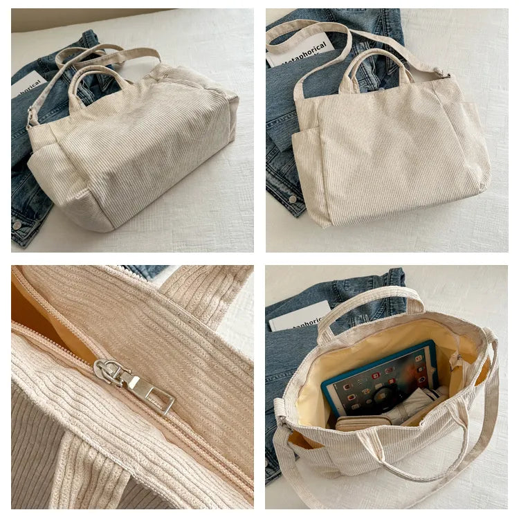 Corduroy Tote Bag – Large Capacity Soft Shoulder Bag, Casual Daily Office & College Carry