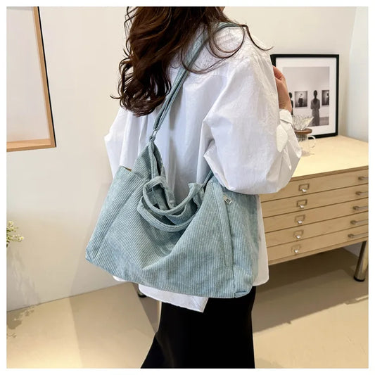 Corduroy Tote Bag – Large Capacity Soft Shoulder Bag, Casual Daily Office & College Carry