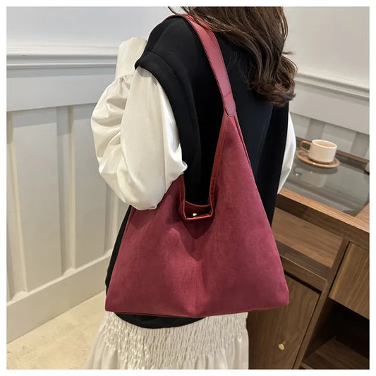 Suede Tote Bag – Large Capacity Soft Y2K Shoulder Bag with Zipper & Mobile Pocket