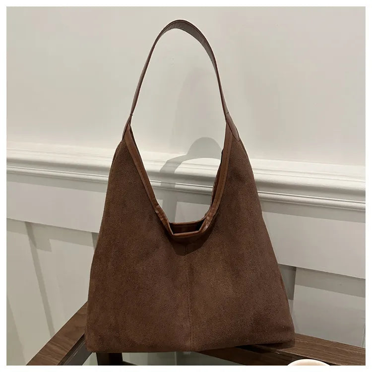 Suede Tote Bag – Large Capacity Soft Y2K Shoulder Bag with Zipper & Mobile Pocket
