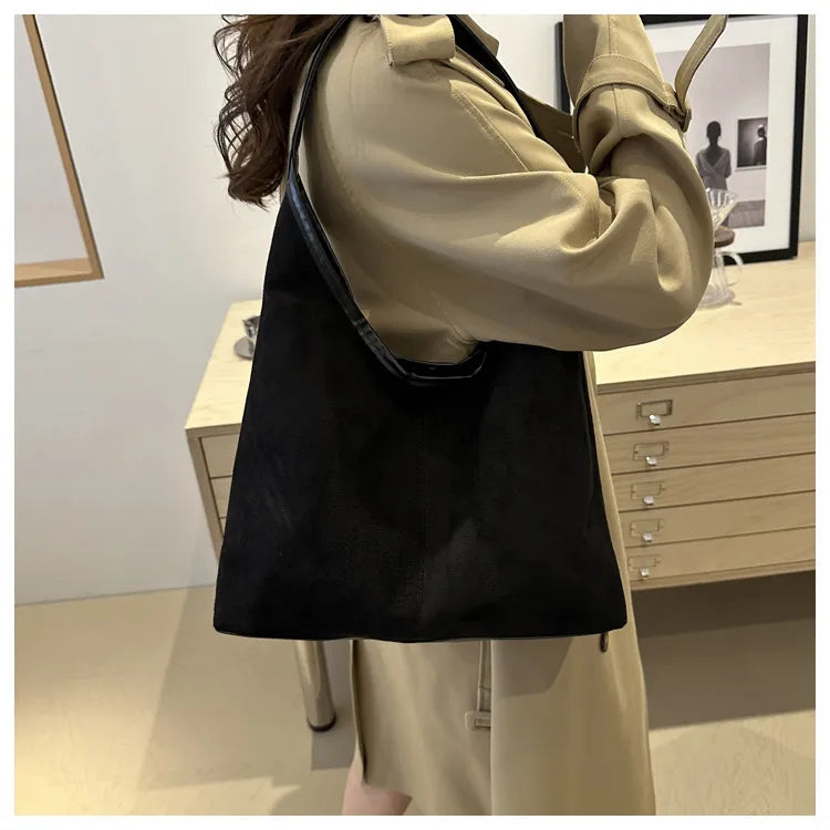 Suede Tote Bag – Large Capacity Soft Y2K Shoulder Bag with Zipper & Mobile Pocket