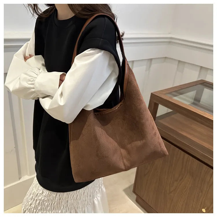 Suede Tote Bag – Large Capacity Soft Y2K Shoulder Bag with Zipper & Mobile Pocket