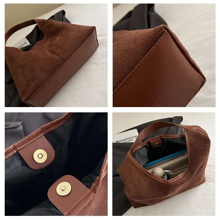 Suede Tote Bag – Large Capacity Soft Y2K Shoulder Bag with Zipper & Mobile Pocket