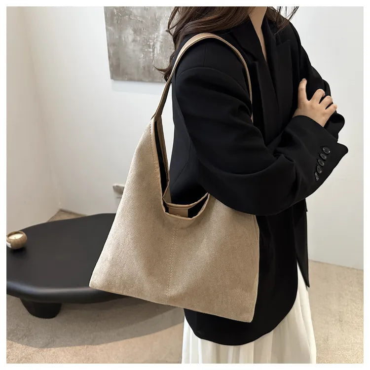 Suede Tote Bag – Large Capacity Soft Y2K Shoulder Bag with Zipper & Mobile Pocket