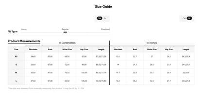 Size guide chart for clothing measurements in centimeters and inches.