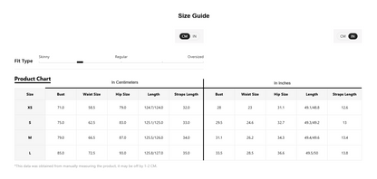 Size guide chart for clothing measurements in centimeters and inches