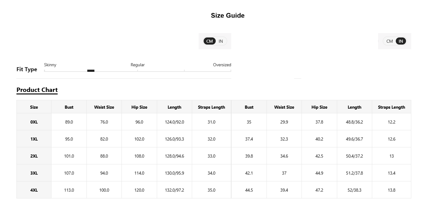 Size guide chart for clothing with product dimensions.