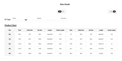 Size guide chart for clothing with product dimensions.