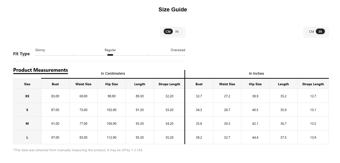 Size guide chart for clothing measurements on a white background