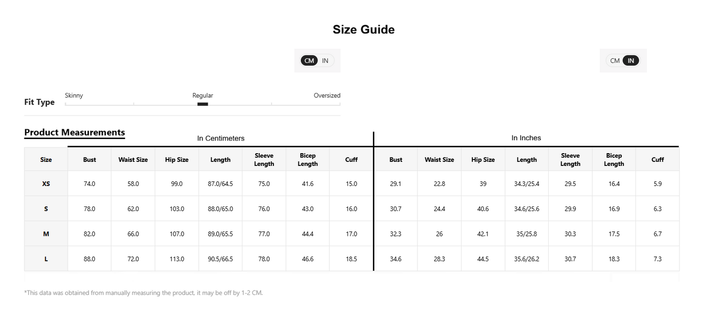 Size guide chart for clothing measurements in centimeters and inches
