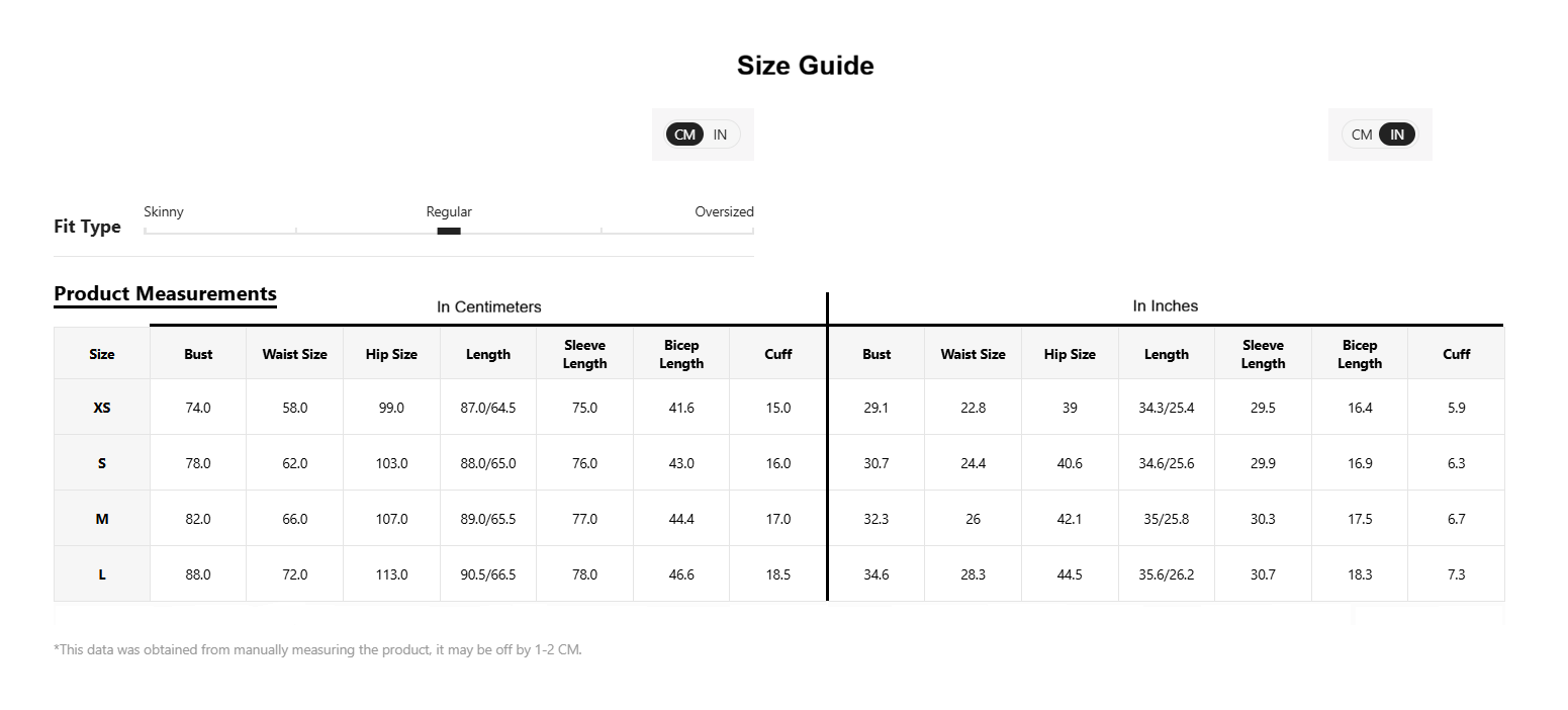 Size guide chart for clothing measurements in centimeters and inches