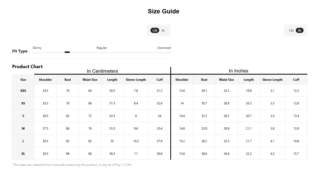 A size guide and product fit chart for apparel, showing measurements in centimeters and inches for different sizes from XXS to XL, with fit type labels at the top.