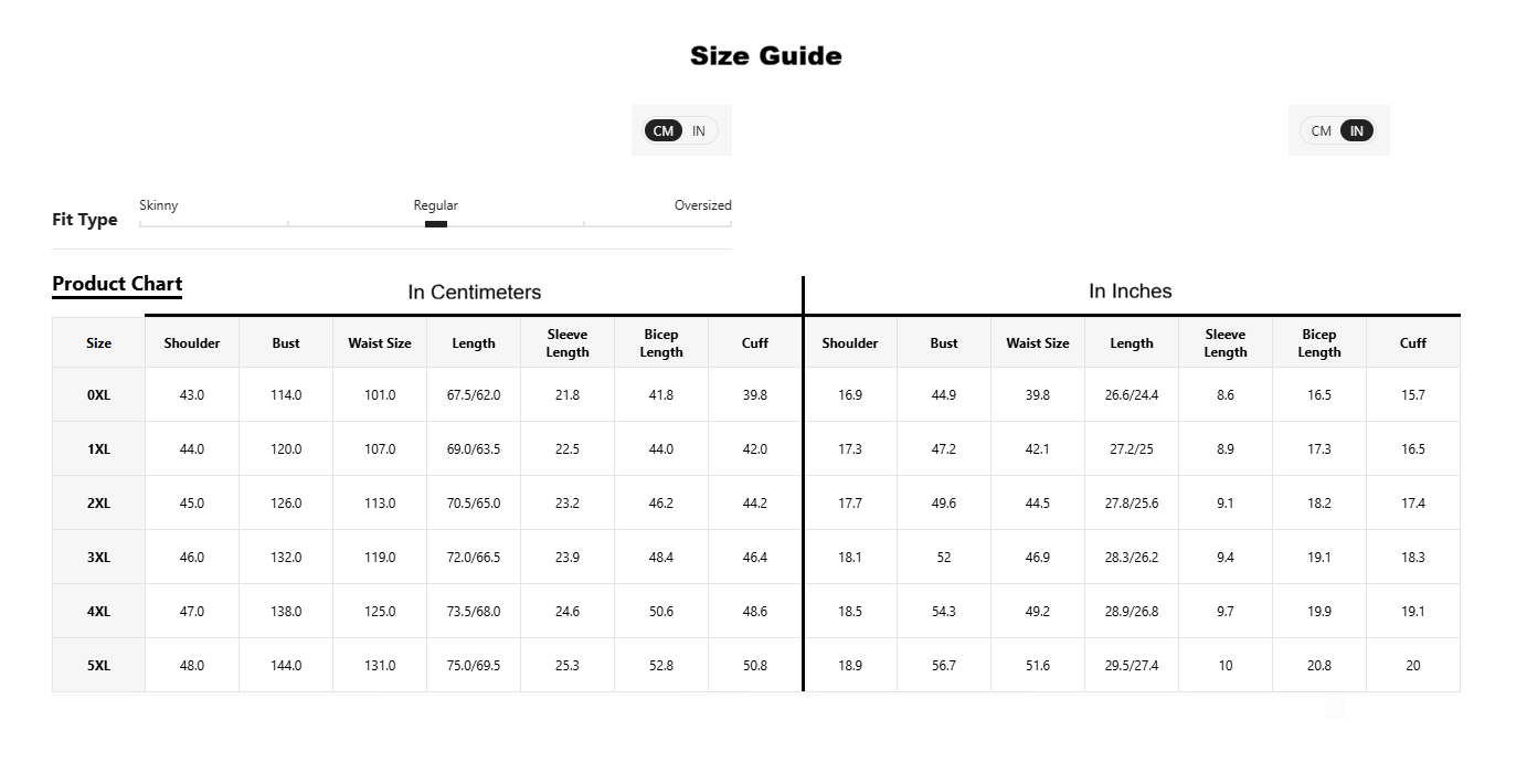 A size guide and product chart table showing measurements in centimeters and inches for sizes 6XL to 5XL, with columns for shoulder, bust, waist size, length, sleeve length, elbow length, and cuff.
