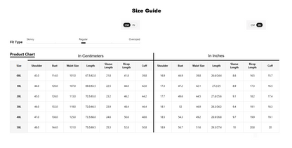 A size guide and product chart table showing measurements in centimeters and inches for sizes 6XL to 5XL, with columns for shoulder, bust, waist size, length, sleeve length, elbow length, and cuff.