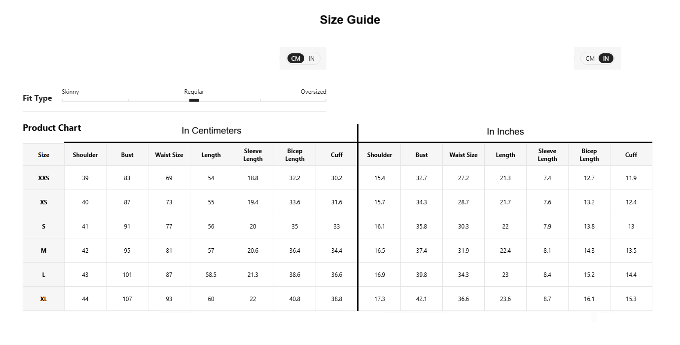 A size guide and product chart table showing measurements in centimeters and inches for clothing sizes XXXS through XL, with fit type fields and size selection sliders at the top.