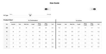 A size guide and product chart table showing measurements in centimeters and inches for clothing sizes XXXS through XL, with fit type fields and size selection sliders at the top.